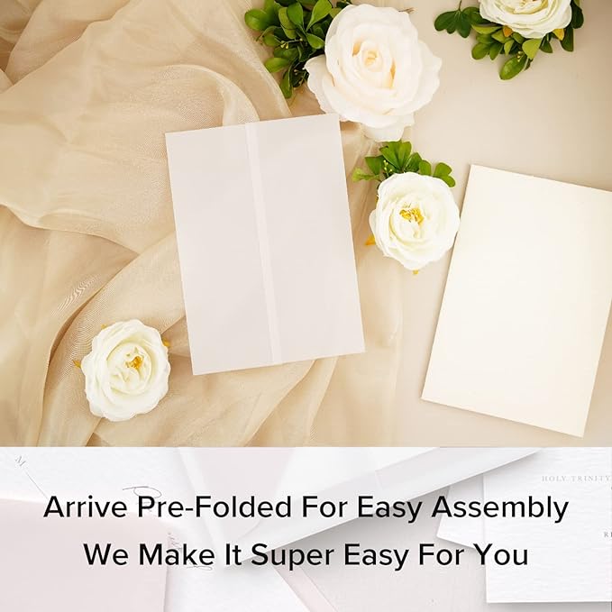 Puremigo 60 Pack Luxury Pre-Folded Vellum Jackets for 5x7 Invitations - Vellum Paper 5x7 Jackets - 115GSM Wedding Invitations Wraps - Transparent