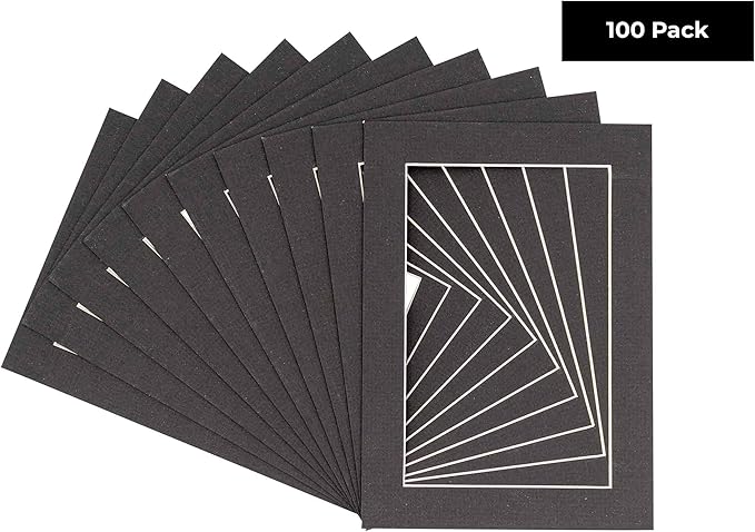6x8 Mat for 8x10 Frame - Precut Mat Board Acid-Free Textured Black 6x8 Photo Matte for a 8x10 Picture Frame, Premium Matboard for Family Photos, Show Kits, Art, Picture Framing, Pack of 100 Mats