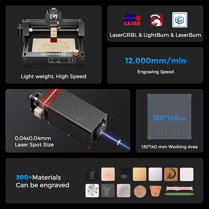 LONGER Ray5 mini 2.5W Laser Engraver with 70 Pcs DIY Material Package, 12000mm/min High-Speed Cutter for Wood, Metal, Acrylic, Leather, DIY CNC, 130x140mm Engraving Area, WiFi, Emergency Stop Safety