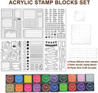 29 Pcs Journal Stamps for Crafting Card Making Supplies Set Include 3 Acrylic Clear Stamp Blocks, 6 Clear Silicone Stamps Seals, 20 Craft Ink Pads Calendar Planner Stamp for DIY