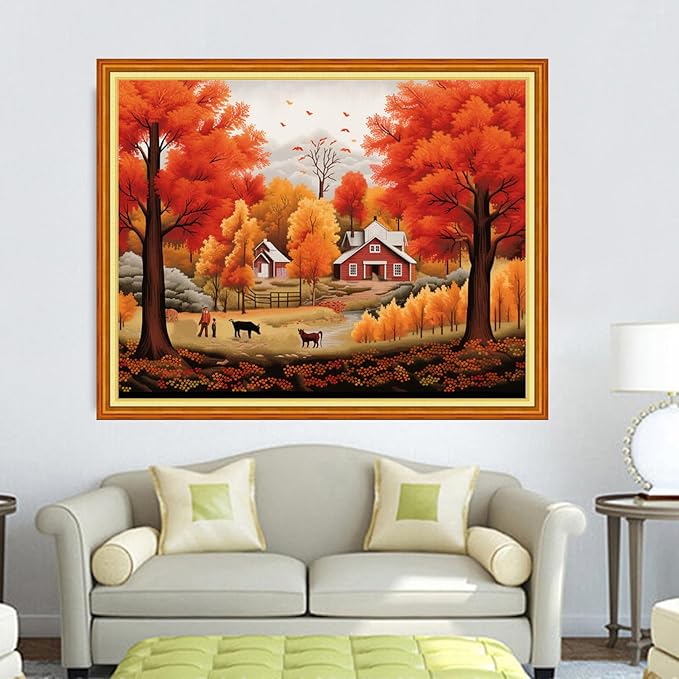DMCVIVR Stamped Cross Stitch Kits for Adults Beginners Embroidery Kits 11CT Needlepoint Kits Cross Stitch Patterns Embroidery Patterns-Beautiful Late Autumn 16x20 inch