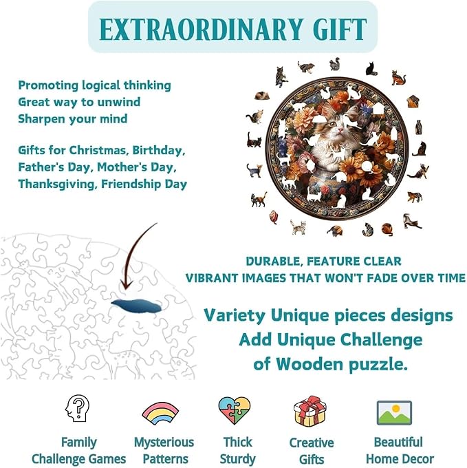 Wooden Puzzles Adults, Beautiful Tricolor Cat Wooden Puzzles 200 Pieces, Unique Animal Shaped Wood Challenging Jigsaw Puzzles Gifts for Adults, 11.4x11.4in