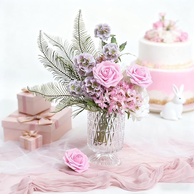 Artificial Flowers Foam Fake Roses 25pcs Pink Roses with Stems for Home Decor DIY Wedding Bouquets Party Bridal Shower Centerpieces Faux Flower Arrangements Tables Decorations
