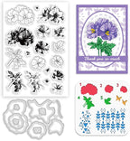 ORIGACH Geranium Layering Stencil Stamp and Die Set for Card Making, Flower Stencil Template Silicone Clear Stamps and Metal Die Sets for DIY Scrapbooking Photo Album Crafting