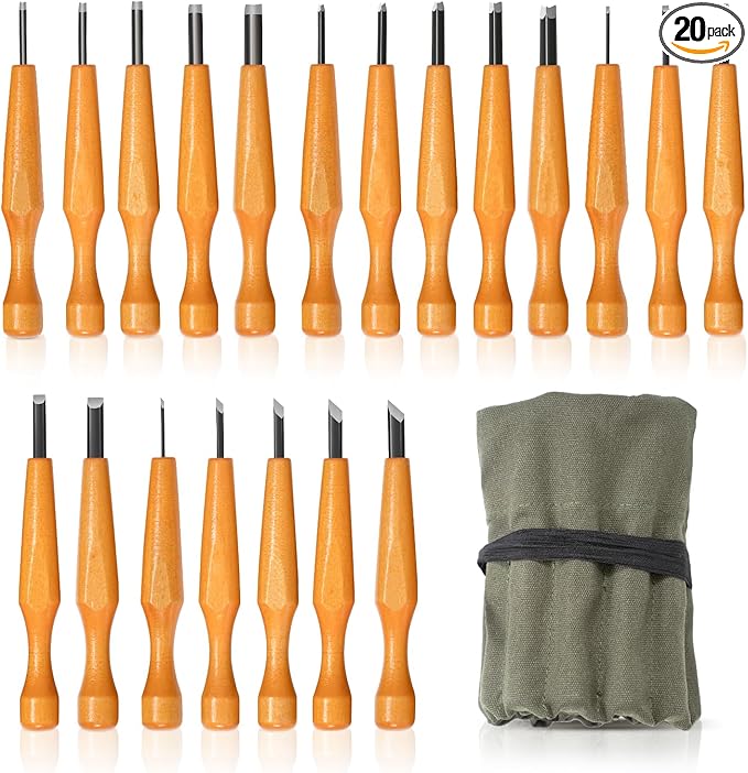 Wood Carving Tools Set - 20 Pcs Wood Carving Knife Set Beginner Whittling Kit with Canvas Case for Adults Children, Carving DIY Wood Carving Kit - Perfect for Beginners and Experts