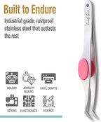 Beaditive High Precision Angled Tip Tweezers with Cushion Grip - 4.7" Craft Tweezers for Sewing, Beading & DIY Crafts - Non-Serrated Jewelry Tweezers with Fine Angled Tips - Stainless Steel (Fuchsia)