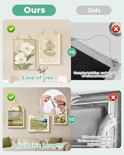 2PCS Adjustable Picture Hanging Wire 2m x 1.5mm Large Hooks, Picture Frame Wire Kit Heavy Duty 100lbs, Stainless Steel for Art, Mirror, Light Lamp, Billboards, Basket Flowerpot