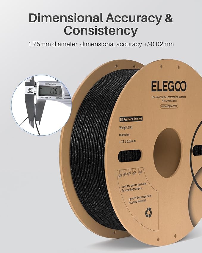 ELEGOO PLA Filament 1.75mm Sparkle Black 1KG, Glitter Twinkling 3D Printer Filament Dimensional Accuracy +/- 0.02mm, 1kg Spool(2.2lbs) Fits for Most FDM 3D Printers