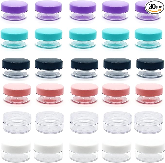 30 Pcs Sample Containers, 10 Gram Mini Sample Jars for Cosmetic, Eye shadow, Multi color Lid