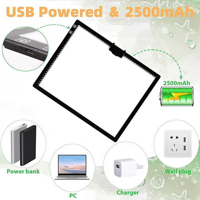 HIUKCOLED Rechargeable A3 Light Pad with Diamond Painting Light Board Carry Bag, Built-in Foldable Stand＆top Clip, 3 Colors/Stepless/6-level Brightness, Battery Powered Wireless LED Tracing Box