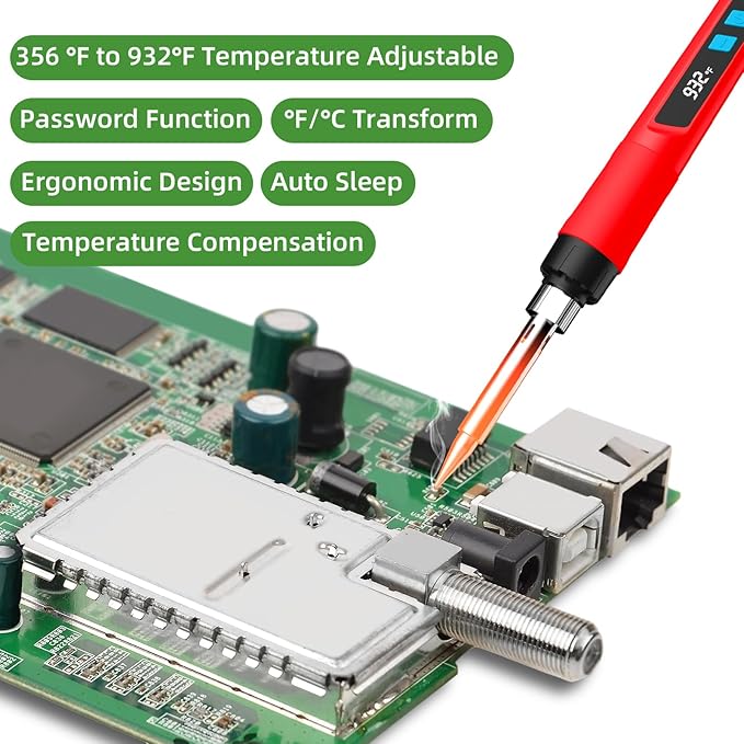 Soldering Iron Kit, 190W Soldering Gun, 110V LED Solder Kit for Electronics, Adjustable Temperature 356-932℉, Includes Solder Wire, Sucker, Tips, Stand, Tweezers, Paste and Solid Wood Box, Red