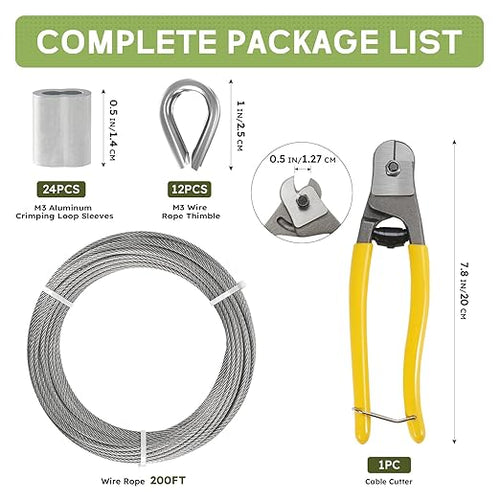1/8 Inch Stainless Steel Cable Kit 200FT, 7 x 7 Strands Wire Rope with Aluminium Sleeves & Thimbles for Deck Railing, String Light Hanging, Shade Sail, Garden and DIY Projects
