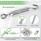 Turnbuckles for Cables Wire, 1/8" X 100Ft Green PVC Coated Wire Rope Kit, Multi-use Steel Cable for Grape Vines/Clothes Line Outdoors for T Post/String Light Hanging/Garden Cable