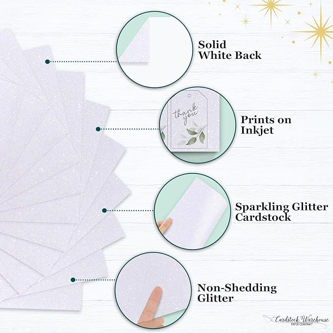 Cardstock Warehouse Diamond Print Inkjet Glitter - Premium White Glitter Cardstock Paper – 10 Sheets, 12 x 12" - 104 lb/280 GSM for Inkjet Printing, Die-Cutting, Card Making, Crafts, and DIY Projects