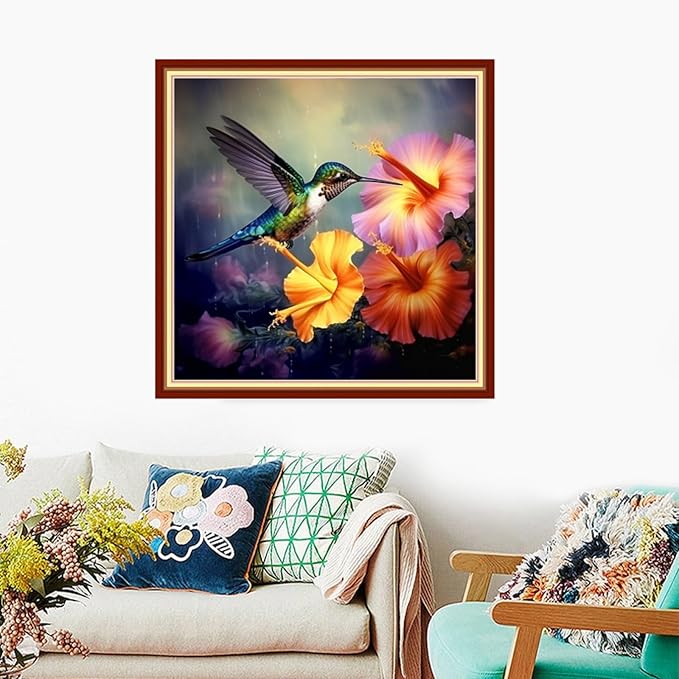 Foxdiviy Stamped Cross Stitch Kits Full Range of Embroidery Needlework Starter Kits for Beginners Adults 11CT Embroidery Patterns Art Crafts DIY Needlepoint Kits-Flower Hummingbird 18x18 inch