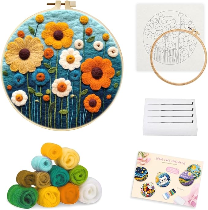 yesJRL Needle Felting Kits Beginners, Natural Landscape DIY Wool Needle Felting Starter Kit, Floral Needle Felt Set with Foam Pad, Felt Cloth and Instructions, Used for Home Decoration (Pink)