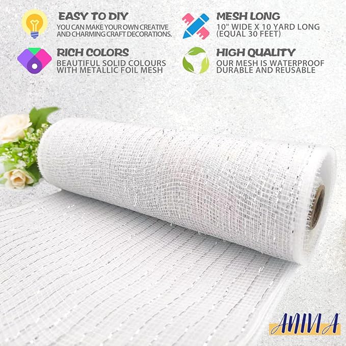 Anivia Deco Mesh Ribbon, 10inch x 30 Feet Each Roll Metallic Foil Mesh Ribbon for Wreaths Swags, Holloween, and Christmas Tree Decoration (White/Silver Foil)