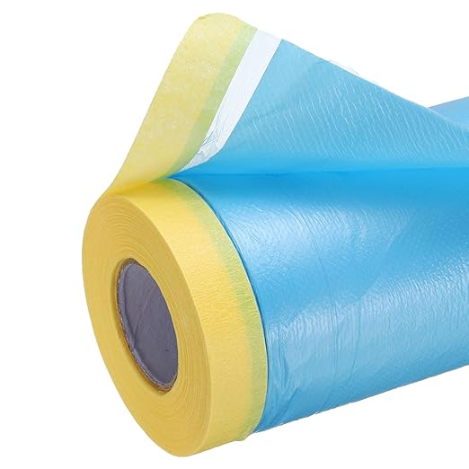uxcell Pre-Taped Masking Film, 3ft x 82ft Plastic Paint Drop Cloth with Medium-Tack Painters Tape for Painting Spraying Protection Blue Film 6Pcs