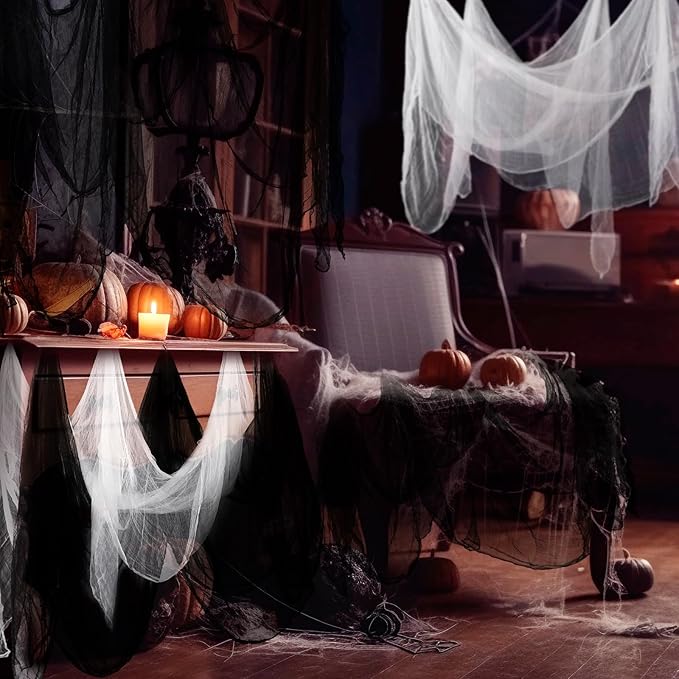 Boao Halloween Cheese cloth 27.56 x 295.28 Inch White Black Cheesecloth Roll for Crafts Large Cotton Muslin Gauze Fabric for Halloween Outdoor & Indoor Spooky Decoration
