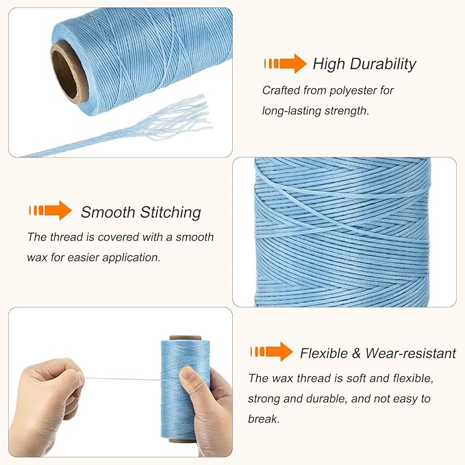 MECCANIXITY Waxed Thread,197 Yard 1mm 210D Flat Wax Thread Polyester Waxed String for Leather Sewing Hand Weaving Book Binding Home Decoration,Light Blue
