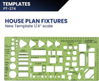Pacific Arc, House Plan Fixtures Template, 1/4 in, Drawing aid Stencil for Professional or School Work, Size 4.5 x 9.625 in.