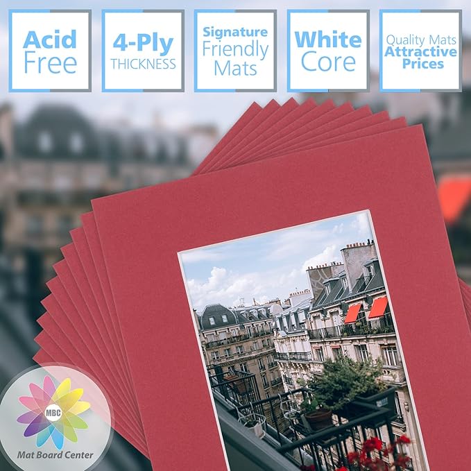 Mat Board Center, Pack of 10, 8x10 for 5x7 China Red Color Mats - Bevel Cut, Acid Free, 4-ply Thickness, White Core - for Pictures, Photos, Framing