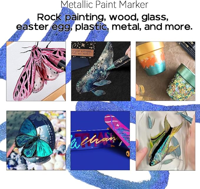TRANSON 12Colors Metallic Paint Markers Brush and Fine Dual-tip for Rock Wood Ceramic Canvas DIY Painting Drawing
