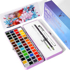 MeiLiang Watercolor Paint Set 52 Colors in Half Pans with Drawing Pencil, Paint Brushes, 5 Watercolor Paper, Sponge, Black Drawing Pens, Art Supplies for Adults Travel Watercolor & Purple Box