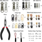 Zipper Repair Kit (188 Pcs) - Universal Fixer for Luggage, Backpacks, Jackets, Coats & Boots Includes #3#5#8#10 Sliders, Zipper Pull Replacement, Stops & Repair Tool（Non-YKK Compatible）