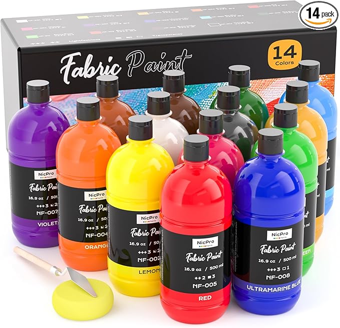 Nicpro 14 Colors Permanent Fabric Paint (16.9 oz, 500 ml) Soft Fabric Paint for Clothes, Non-Toxic Textile Paint for Fabric DIY Crafts, T-shirts, Shoes Jeans Bags Canvas for Adult with Color Wheel