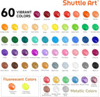 72 Pack Acrylic Paint Set, Shuttle Art 60 Colors Acrylic Paint Including Extra White Black & 12 Brushes, 2oz/60ml, Rich Pigmented, Water Proof, Ideal for Artists, Beginners on Canvas Rock Wood Ceramic