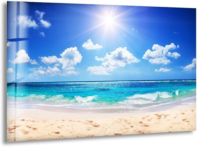 My Photostation.com 20Wx14H'' Summer Beach Landscape Glass Wall ArtTempered Glass Printing Wall Decor Large Wall Art Wall Hangings