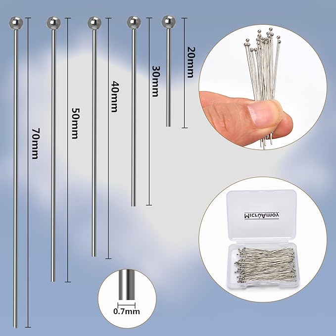 260pcs Silver Filled Ball Head Pins Non Tarnish Craft Earring Bracelet Jewelry Making Accessories Supplies(20mm (0.78in, Silver-Ball Pin)