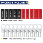 haisstronica 10pcs 4 AWG - 3/8" (M10) Tinned Copper Battery Lugs, Heavy Duty Copper Wire Lugs with 10pcs 3:1 Adhesive Heat Shrink Tubing, 4 Gauge Wire Lugs, Tinned Copper Battery Cable Ends