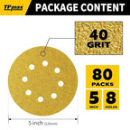 80PCS 5 Inch 40 Grit 125mm 8 Hole Sanding Discs Sandpaper - Premium Gold Round Hook and Loop for Random Orbital Sander - Ideal for Wood, Metal, Automotive