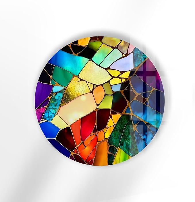 My Photostation.com 27.5''(70cm) Diameter Multicolor Round Stained Glass Wall Art Vibrant Mosaic Abstract Panel Tempered Glass Printing Wall Decor Large Wall Art Wall Hangings