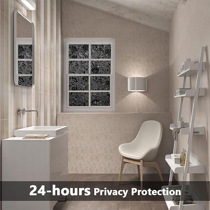 LEMON CLOUD Total Blackout Window Film Privacy Static Cling Frosted Black Window Covering 100% Opaque Film Tint Darkening Removable Film for High Privacy，(Blackout Tulip Design,35.4 x118.1 inches)