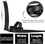 HUIHUANG Black Satin Ribbon 1/2 inch X 50 Yards Continuous, Black Double-Faced Satin Ribbon for Gift Wrapping, Bows, DIY Crafts, Flower Bouquet, Christmas Holiday Decor, Hair Bows