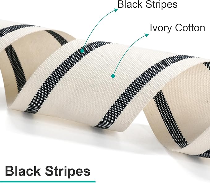 CT CRAFT LLC Ivory Cotton Black Stripes Ribbon 5/8" x 10 Yards for Home Décor Gift Present Wrapping DIY Crafts Birthday Wedding Bouquet Christmas