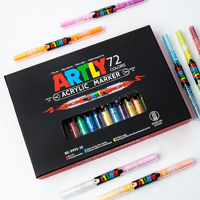 72 Colors Paint Markers, Dual-Color Acrylic Pens with Brush Tips, Double Tipped for Rocks & Art Supplies (36Pcs/72colors)