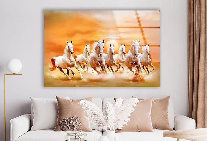 My Photostation.com Round 24'' White Horses Running on Sunset Glass Wall ArtTempered Glass Printing Wall Decor Large Wall Art Wall Hangings