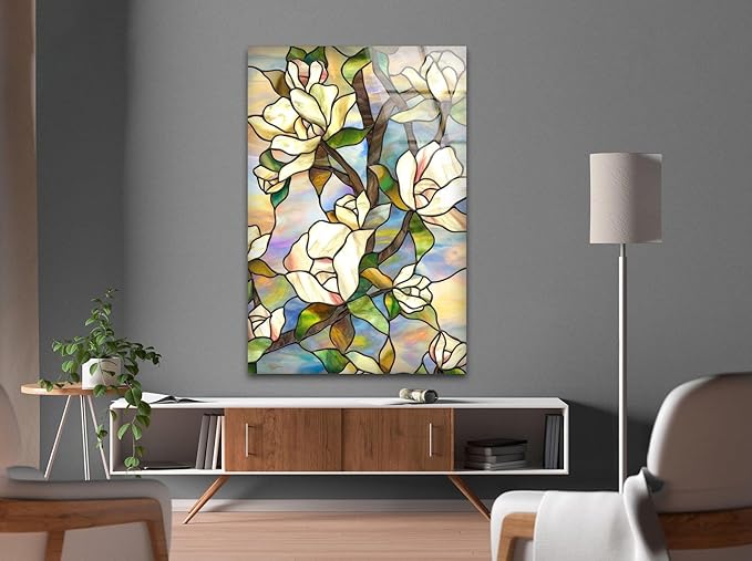 My Photostation.com 30Wx35.5H'' Stained Magnolia Glass Wall Art Tempered Glass Printing Wall Decor Large Wall Art Wall Hangings