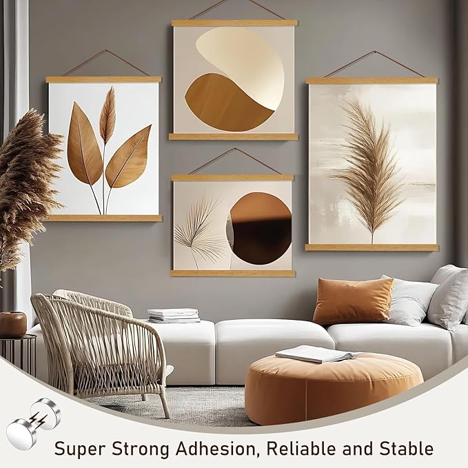 Artmag Magnetic Poster Hanger Frame, 55x36 55x30 55x60 Light Wood Wooden Magnet Canvas Artwork Print Dowel Poster Hangers Frames Hanging Kit (Teak Wood, 55")