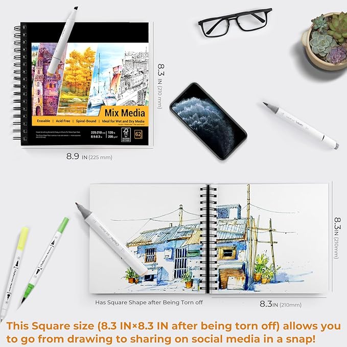 Mix Media Pad, Ohuhu Mixed Media Art Sketchbook, 120 LB/200 GSM Heavyweight Papers, 62 Sheets/124 Pages, Spiral Bound Mixed Media Paper Pad for Christmas Gift
