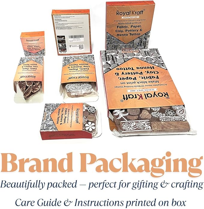 Royal Kraft Wooden Stamps for Block Printing on Saree Border, Textile, Clay, Pottery, Tattoo (Set of 10) MXtag0010