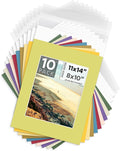 Mat Board Center, Pack of 10, 11x14 for 8x10 Mix Color Mat Kit - Acid Free, 4-ply Thickness, White Core - Includes Backing Boards and Clear Bags - for Pictures, Photos, Framing