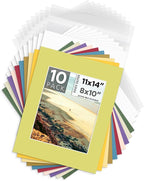 Mat Board Center, Pack of 10, 11x14 for 8x10 Mix Color Mat Kit - Acid Free, 4-ply Thickness, White Core - Includes Backing Boards and Clear Bags - for Pictures, Photos, Framing
