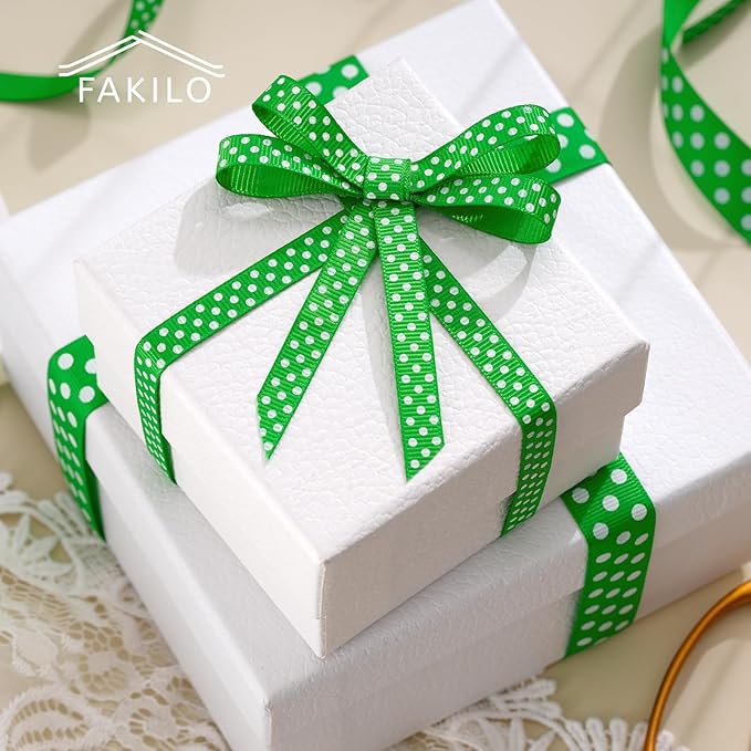 Polka Dot Grosgrain Ribbon 3/8 Inch, 25 Yards Spool Green and White Polka Dot Ribbon for Christmas Gift Wrapping DIY Crafts Hair Bows Wedding Party Decor Sewing and Home Decoration