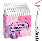 Arrtx 60 Colors Paint Markers Pens, Acrylic Paint Pens for Artists Adults Coloring Drawing Cartoon Anime Comic - Brush Tip for Rock Painting, Wood, Canvas, DIY Crafts Making Art Supplies-60B