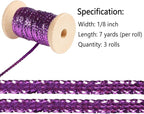 Purple Thin Ribbon 1/8 inch Metallic Braided Double Faced Ribbons Curling Ribbons for Balloon String Crafts Gift Wrapping Party Wedding Christmas Ornaments Decoration 7 Yard x 3 Rolls